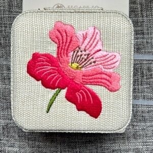 Travel Jewelry Box with Vibrant Embroidered Flower and Beige Surrounds